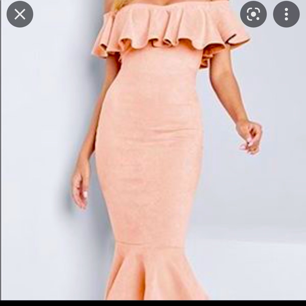 Off the shoulder Light Pink Faux Suede Ruffle Midi Dress by VENUS!